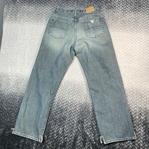 Vintage 90s Guess Denim Jeans 32x32 Faded Distressing Split Hem Baggy Y2K